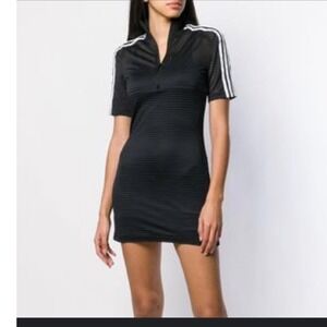 Adidas Fiorucci Collaboration Black Striped Short Sleeve Zip Collar Dress L